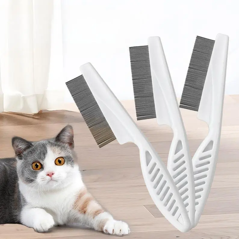 2-Pack Fine-Tooth Tear Stain & Floating Fur Remover Comb – Stainless Steel Deshedding & Massage Grooming Brush for Small Dogs, Puppies & Cats, Gentle Eye Care Kit (White)