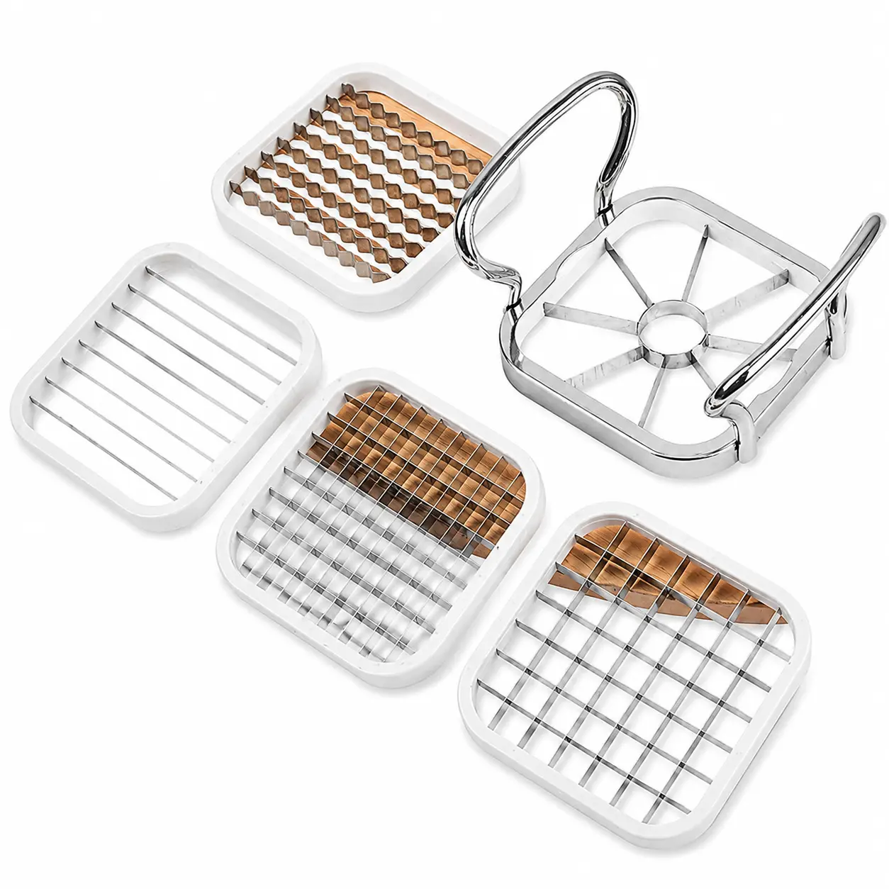 Stainless Steel 5-in-1 Multi-Function Kitchen Tool for Slicing Apples, Cutting French Fries, Julienning Carrots and Radishes, Dicing Fruits, and Preparing Uniform Vegetable Strips — Dishwasher Safe and Rust Resistant