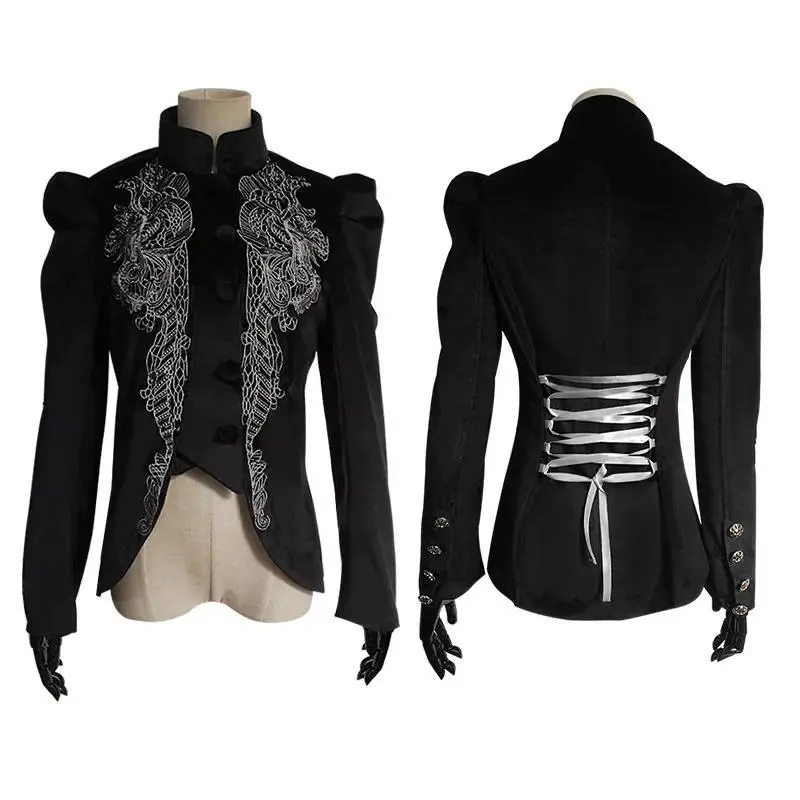 Women 4XL Gothic Riding Jacket Coat Black Velvet Lace Steampunk Victorian Style Medieval Vintage Overcoat Outwear