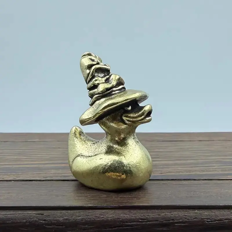 Handmade Copper Duck Statue with Wizard Hat, Vintage Fantasy Decor, Magic Style Ornament, Halloween & Christmas Decoration