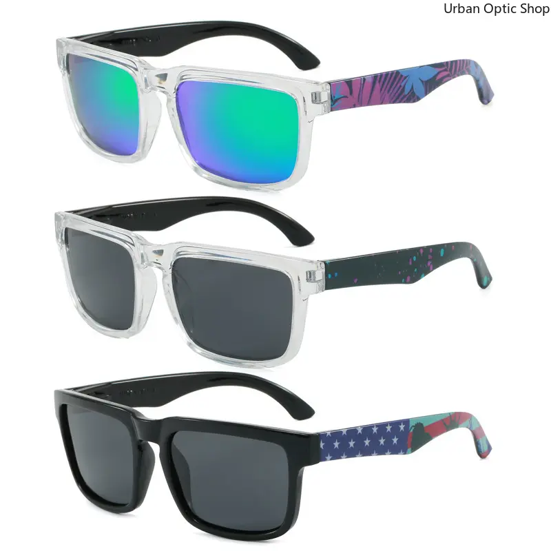 XUH Clear Frame Square Sunglasses with Tropical Printed Temples, Mirrored Reflective Lenses, Summer Fashion Eyewear for Beach Vacation & Daily Wear