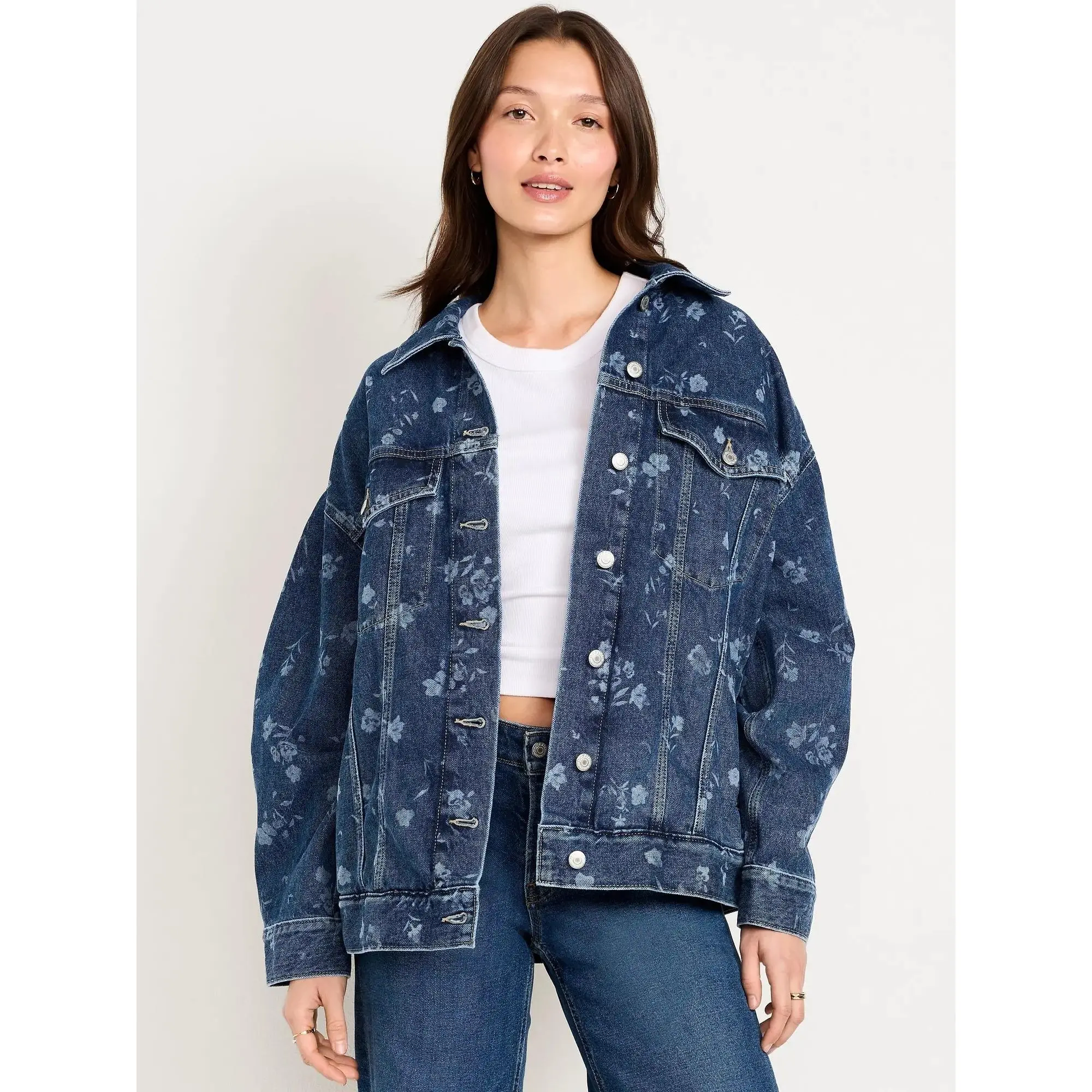 Old Navy Women's Oversized Floral Print Jean Trucker Jacket
