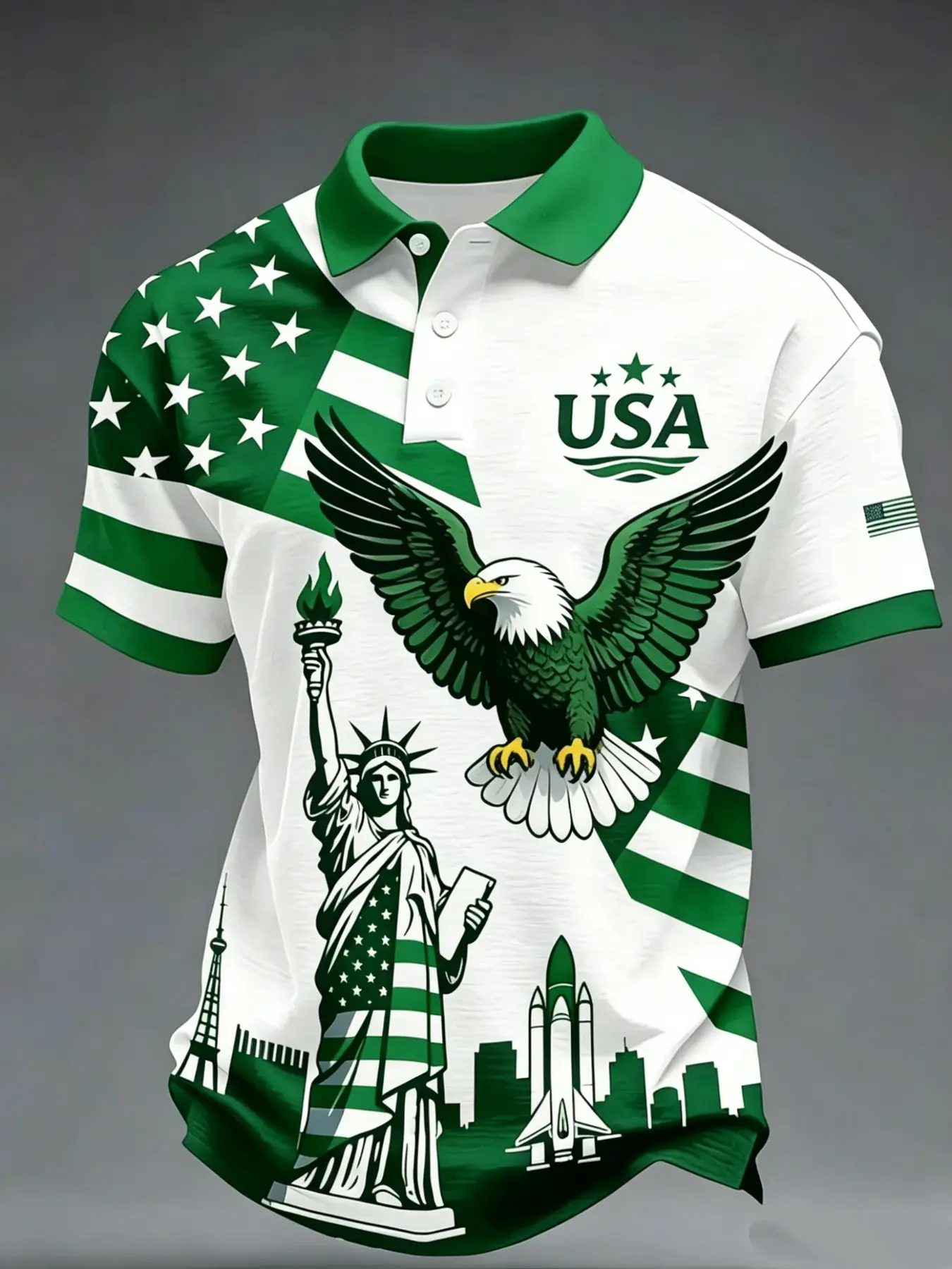 Summer Gift for Men, Usa Flag Eagle Liberty Statue Print, Short Sleeve, Casual Patriotic Shirt, All Seasons