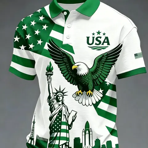 Summer Gift for Men, Usa Flag Eagle Liberty Statue Print, Short Sleeve, Casual Patriotic Shirt, Collared Polo Shirts, All Seasons