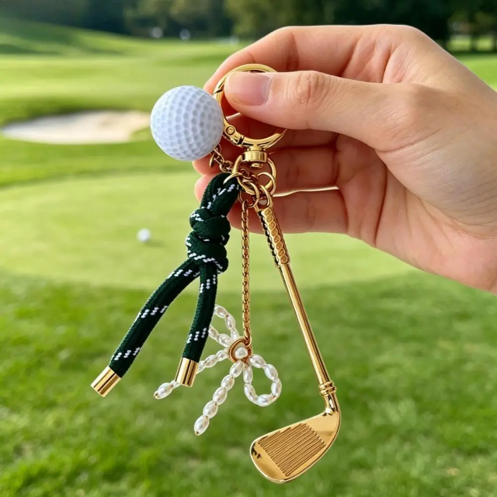 2026 New Unisex Golf-Themed Club Keychain - Dark Green Knotted Rope, Pearl Accent Pendant, Polished Alloy Ball Charm, Sporty Chic Bag Charm Key Ring, Gift Ideas for Birthday Christmas
