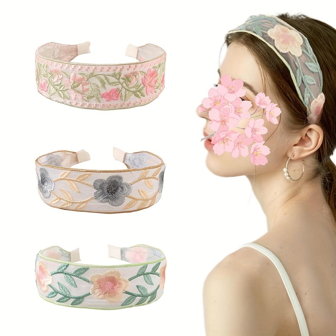 Women's Elegant Polyester 3-Piece Rose Embroidered Lace Sports Headbands - Synthetic, Stretch Fit Romantic Floral Headwear for Bridal Wedding Parties, One Size, Party