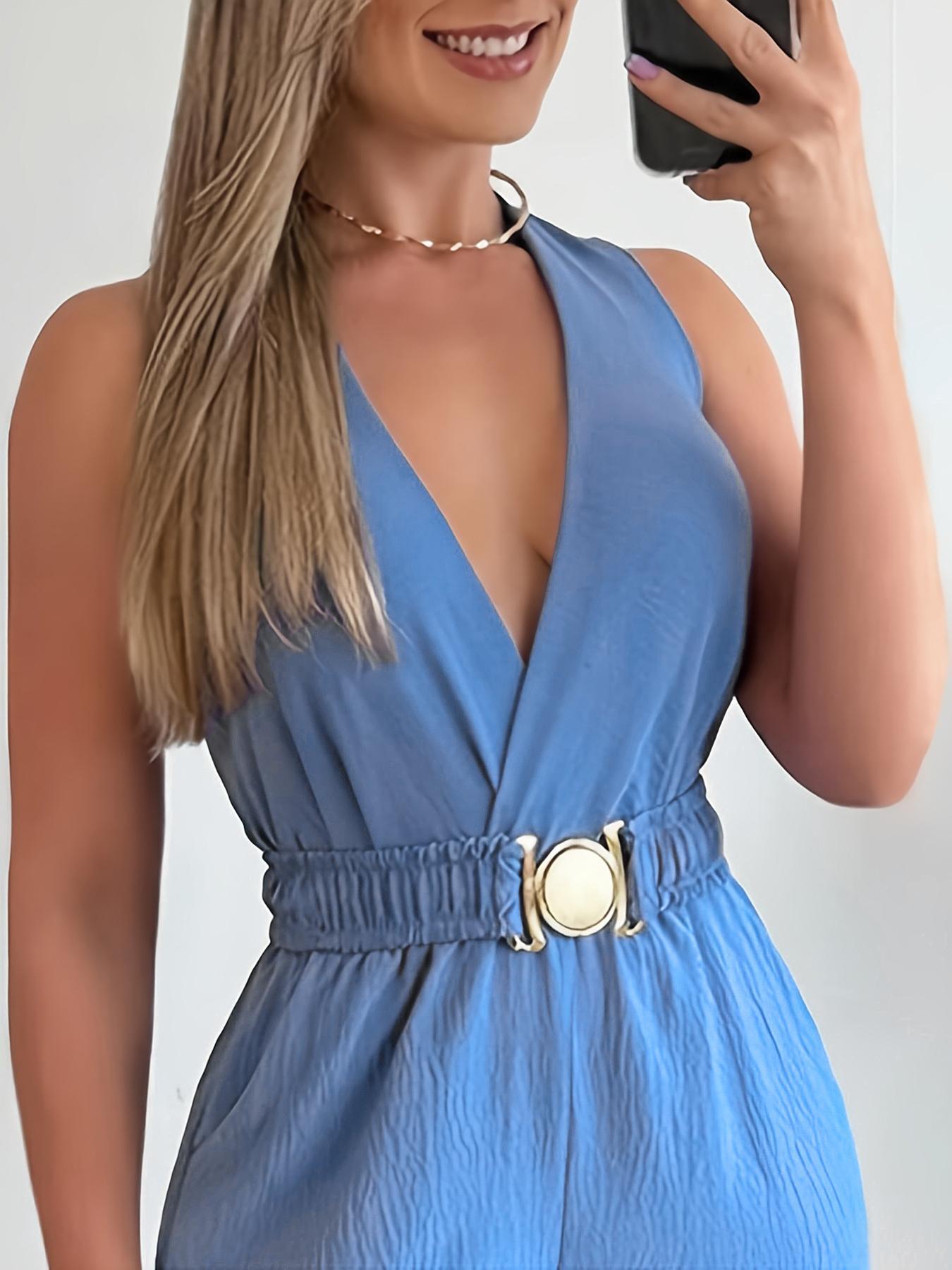 Women's Solid Belted Jumpsuit, Casual Sleeveless V Neck Jumpsuit for Summer, Women's Clothes for Daily Wear, Ruched Belted Jumpsuit