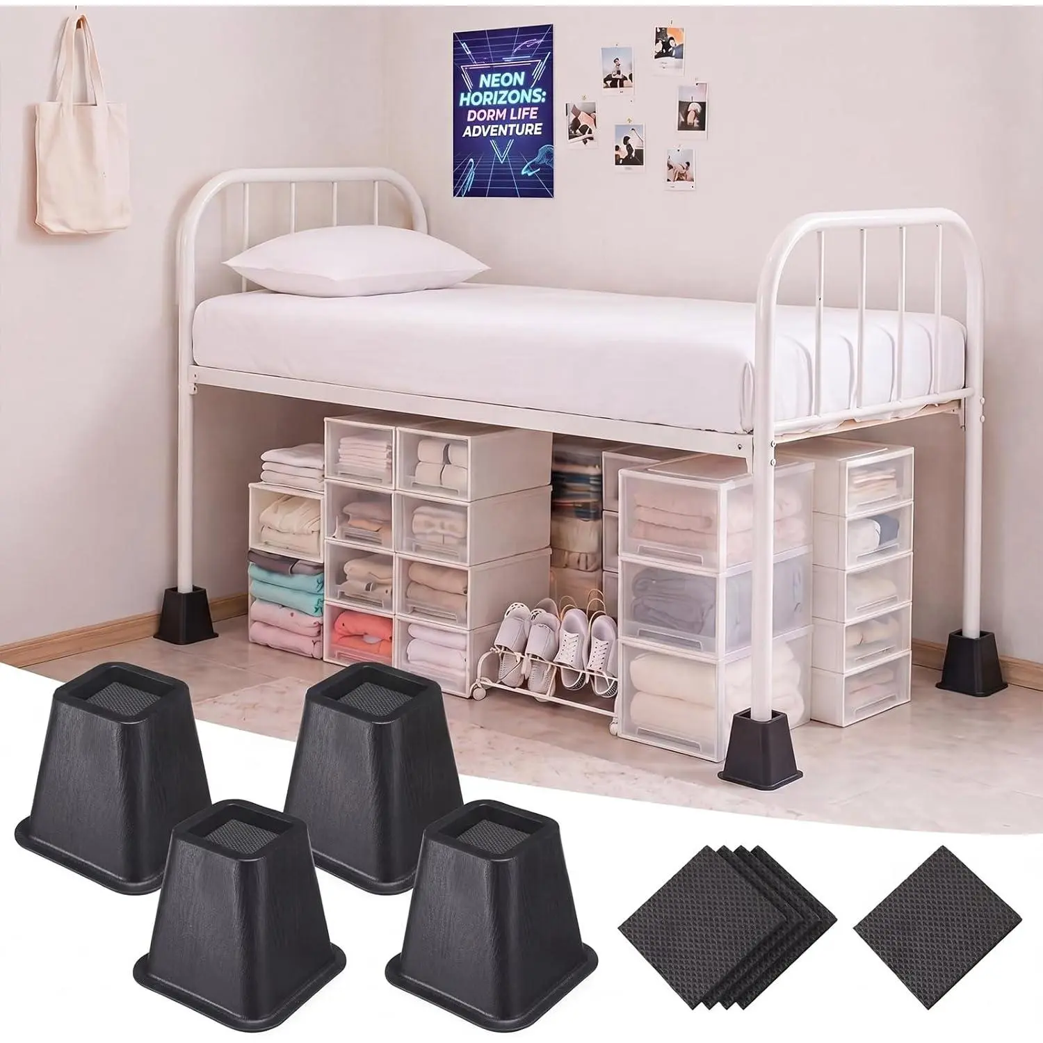 Novabright 4 Pack 6 Inch College Dorm Bed Risers Heavy Duty Extra Plastic Dorm Bed Extender Stackable Furniture Risers for College Room Storage Sofa Table Desk Couch Chair(Black)
