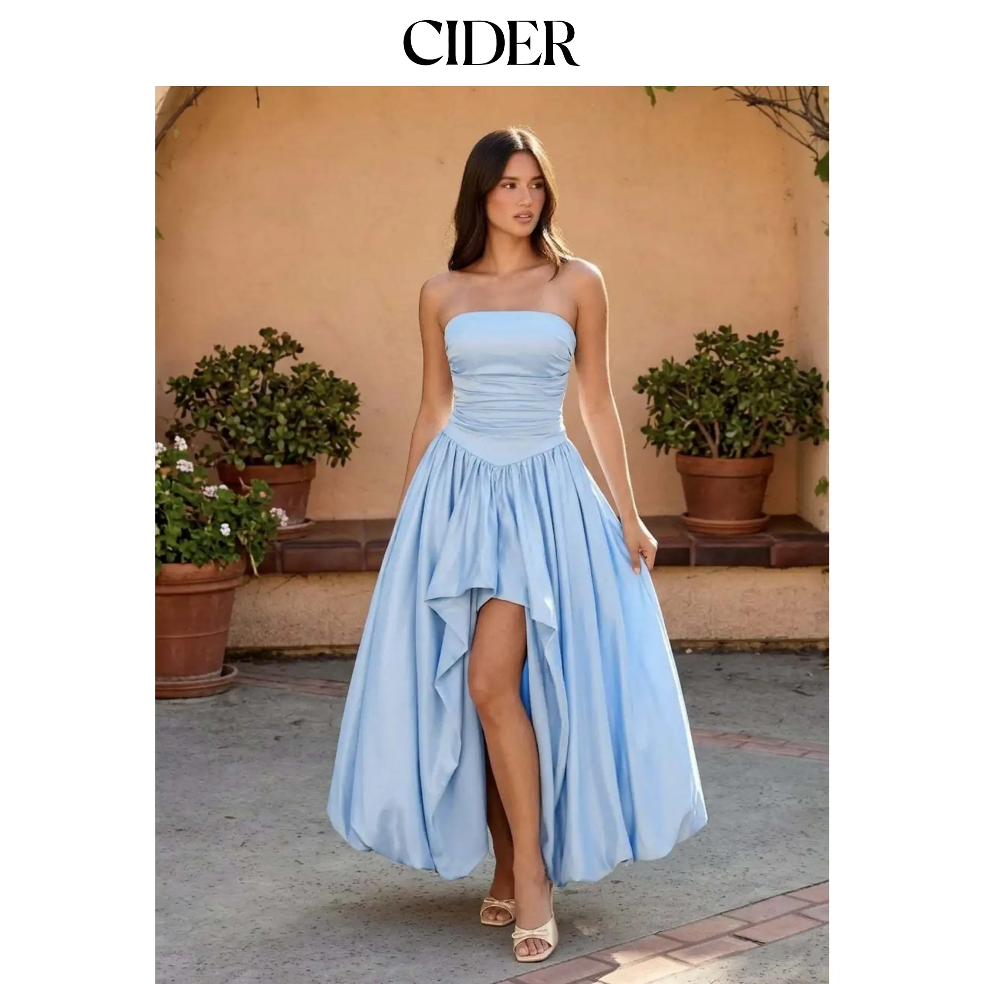 Cider Satin Strapless Ruched Lace-up High Rise Bubble Maxi Dress SohoChic