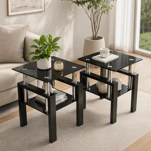 2-Piece Nesting Accent Tables Set, Square Tempered Glass Flat-Top, 17.7x17.7x20.5 Inches, Load-Bearing Metal Legs, Easy Assembly, Black, for Living Room Decor