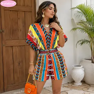 Yolabra Rayon Fabric Vacation Batwing Sleeve Romper Deep V Neck Elastic Drawstring Waist Short Jumpsuit Ethnic Print & Solid Blue Two-Option Casual Romper Side Pocket Loose Fit Summer Beach Short Jumpsuit Lightweight Breathable Rayon Women’S Playsuit