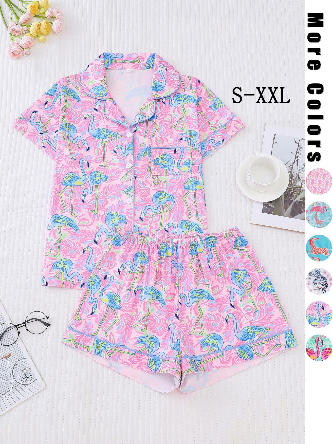 Women's Monkey Print Lapel Neck Button Front Shirt & Elastic Waist Shorts Pyjama Set, Casual Comfy Short Sleeve Pocket Top & Shorts PJ Set, Ladies Sleepwear Loungewear for All Seasons