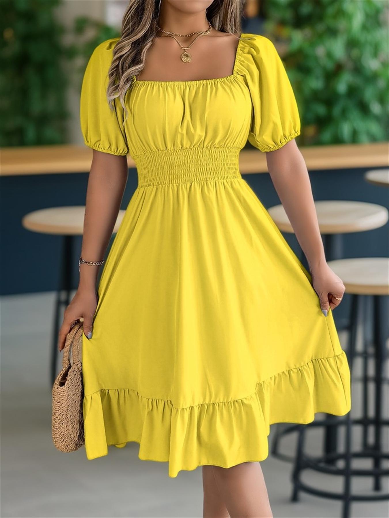Women's Plain Ruffle Hem Shirred A Line Dress, Casual Fashion Dress, Casual Puff Sleeve Square Neck Knee Length Dress for Summer, Women's Clothing for Daily Wear