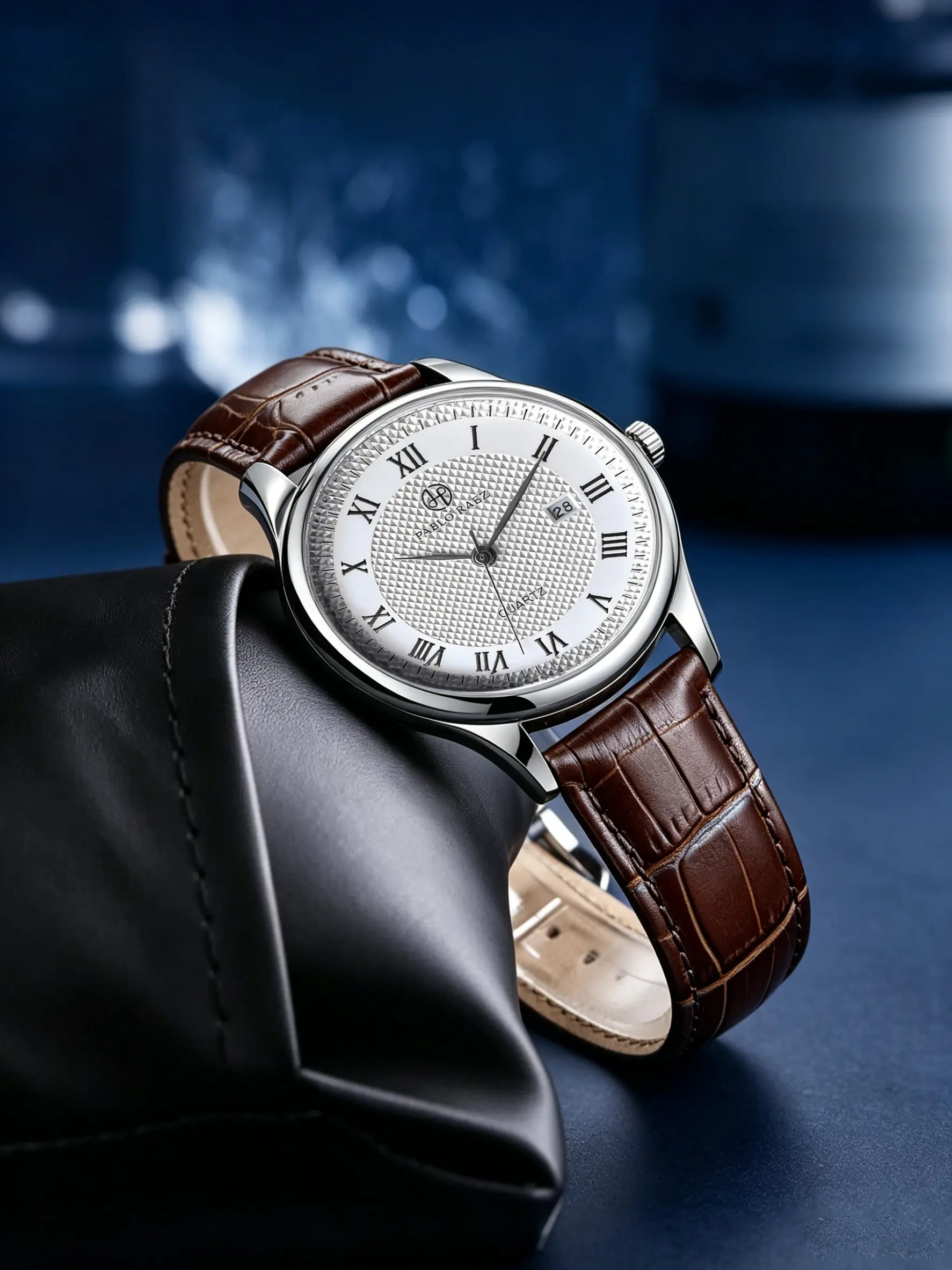 Luxury Men's Analog Watch, Roman Numerals, Leather Strap, Dial, Calendar Function, Stainless Steel Case, Waterproof, Quartz Movement, Gift Idea, Quartz Watches