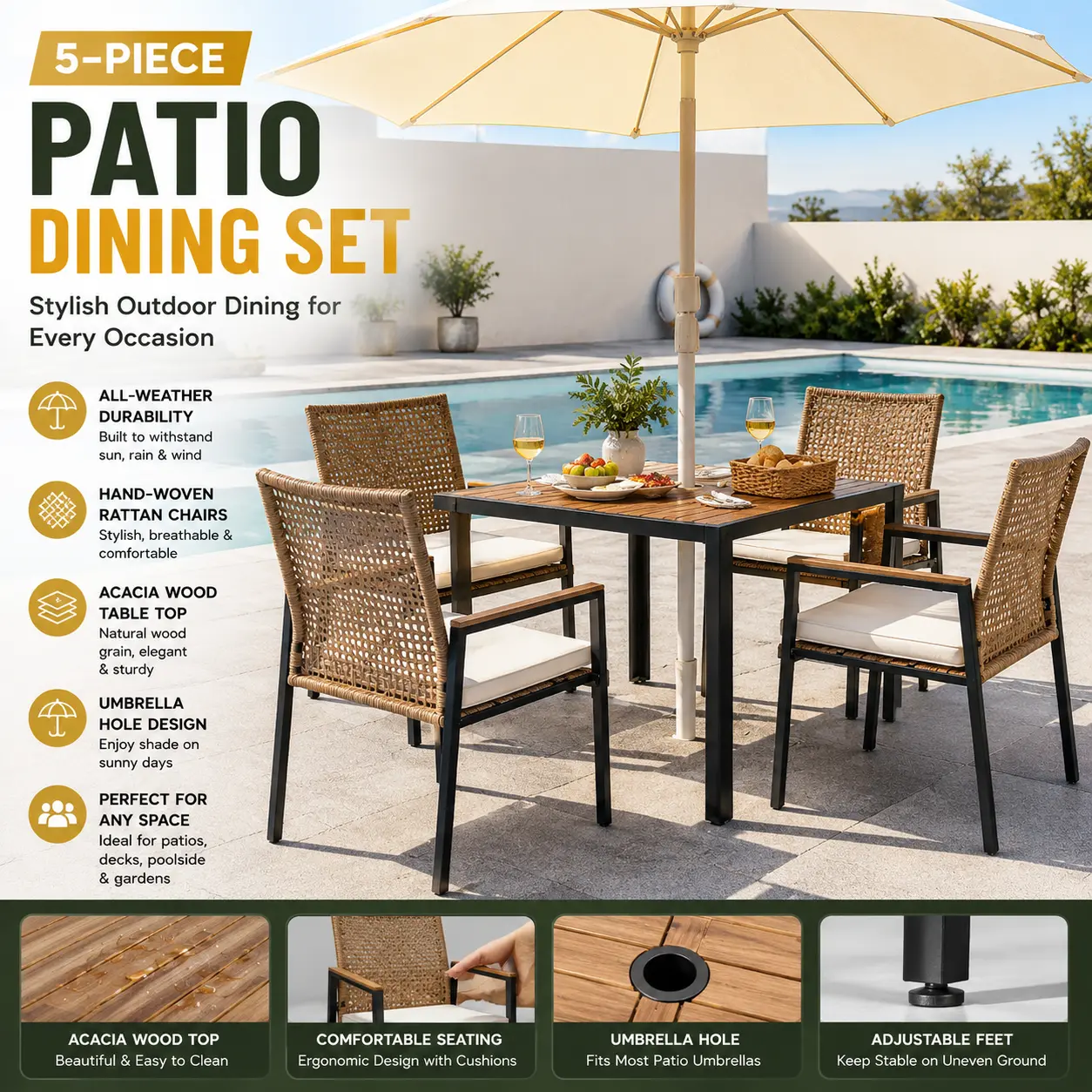 Outdoor Rattan 5 Piece Patio Dining Table Set Yellow Cushions Acacia Wood Top With Umbrella Hole All Weather 43 Inches For Backyard Deck Poolside Summer BBQ Essentials Aesthetic Backyard Makeover Outdoor Living
