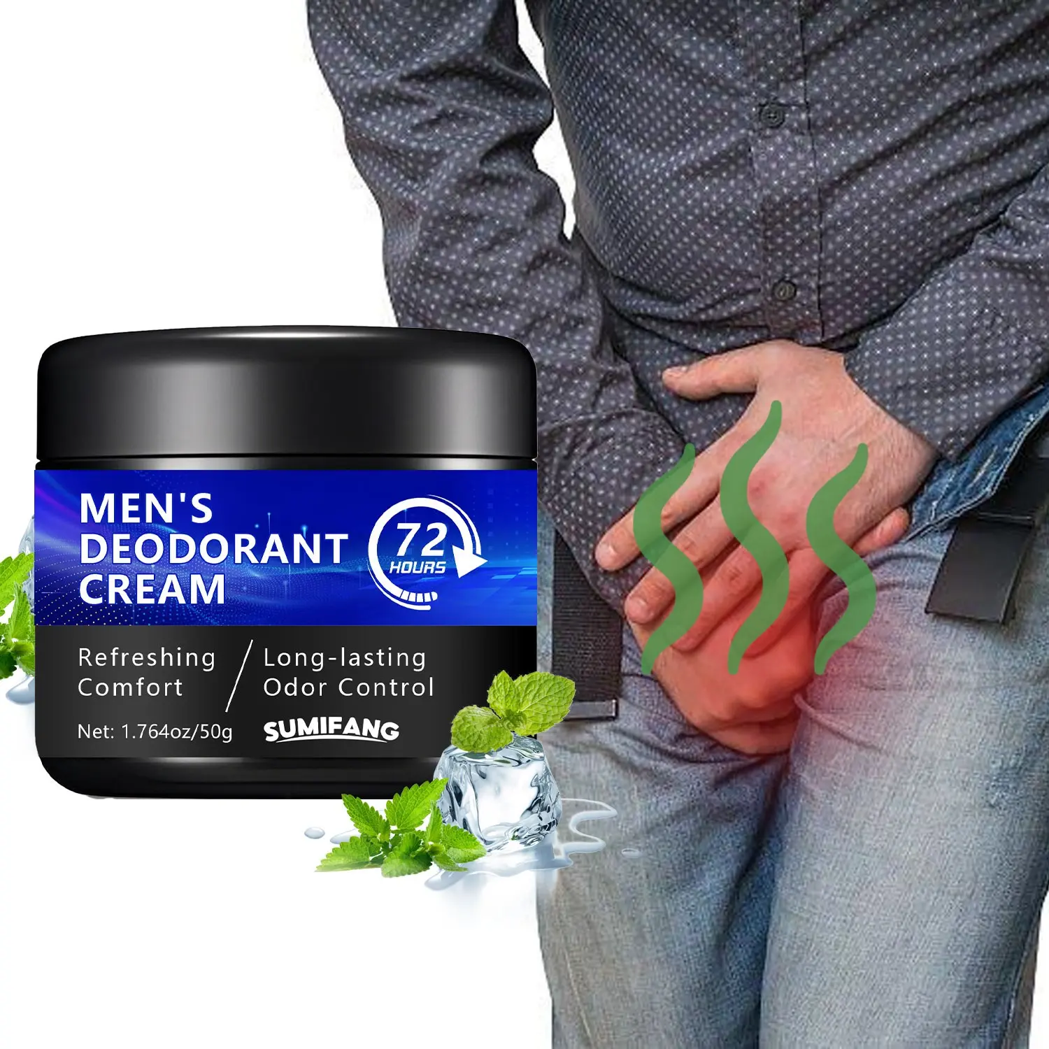 50g Men's Private Deodorant Cream, Aloe Mint Rosemary Herbal Formula, Cooling and Soothing, Ideal for Sedentary Men, Daily Care, Travel