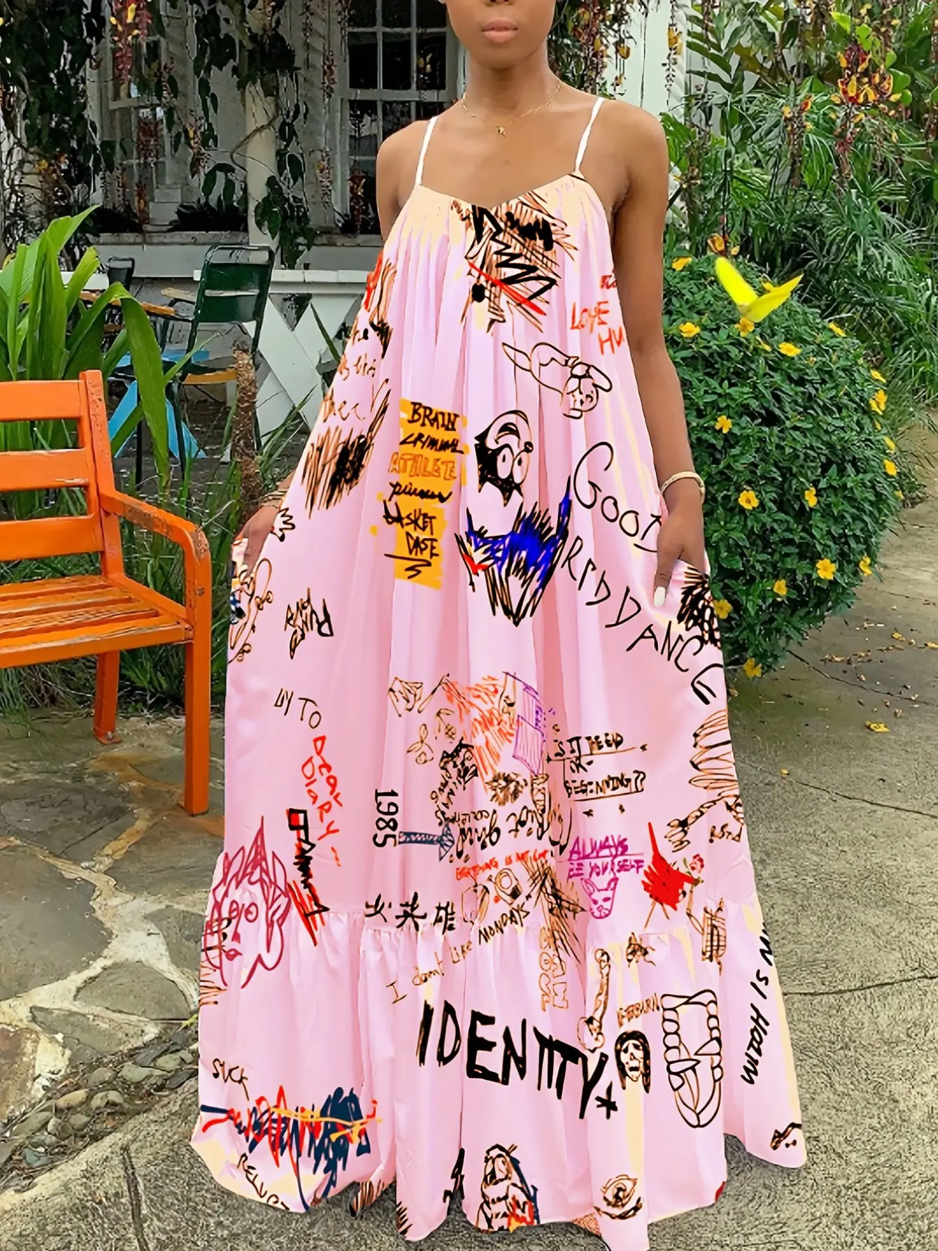 American Street Graffiti Art Style Halter Top Loose Flowy Long Dress Summer, Beach Party Dress, Trendy Fashionable Design, Perfect for Casual Wear
