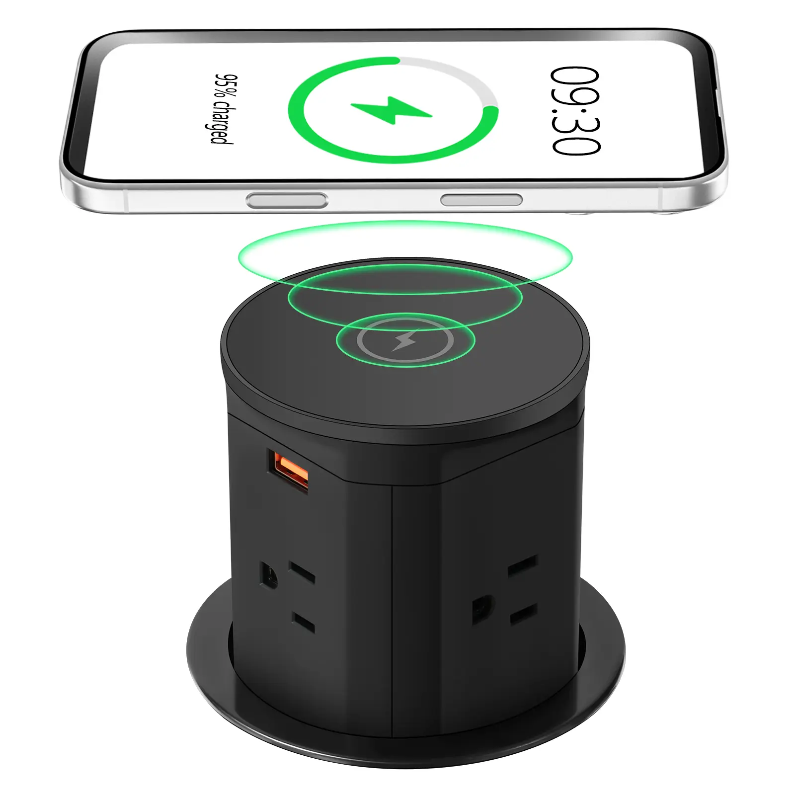 Round Compact Indoor Simple USB Charging Station Sockets (3.35in), 15W QI Wireless Charger, 2 Type-C PD 30W Ports, 4-Side 1875W Overload Protection Outlets, USB-A QC 30W Port, 6.5ft UL-Certified 16AWG Cable for iPhone & Headphones
