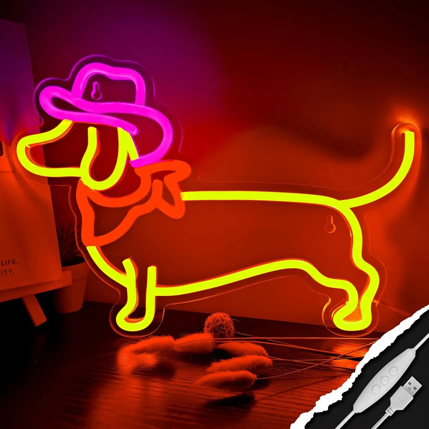 Dachshund Neon Light Wall Decor, Cute Puppy with Cowboy Hat, LED Sign for Pet Shop, Bedroom, Party Decoration, Gift for Dog Lovers