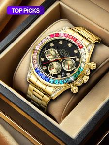 men's business fashion rhinestone decor analog quartz watch, fashion watch with luminous & date function for party, daily decor jewelry, business fashion watches for birthday gift with box, quartz wristwatch