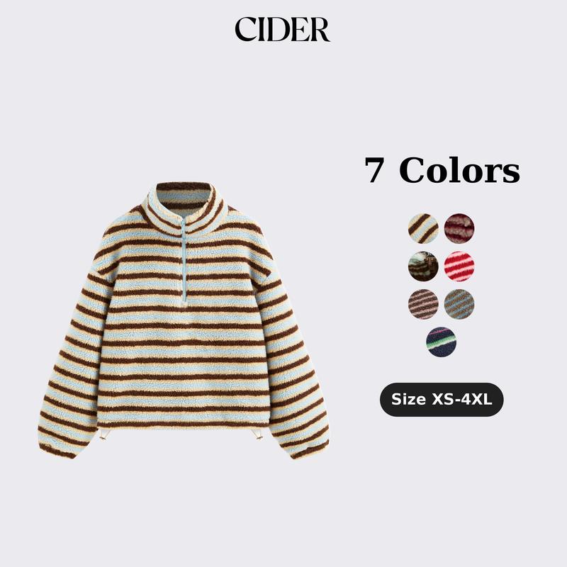 Cider Fleece Stripe Stand Collar Drawstring Half Zip Oversized Sweatshirt