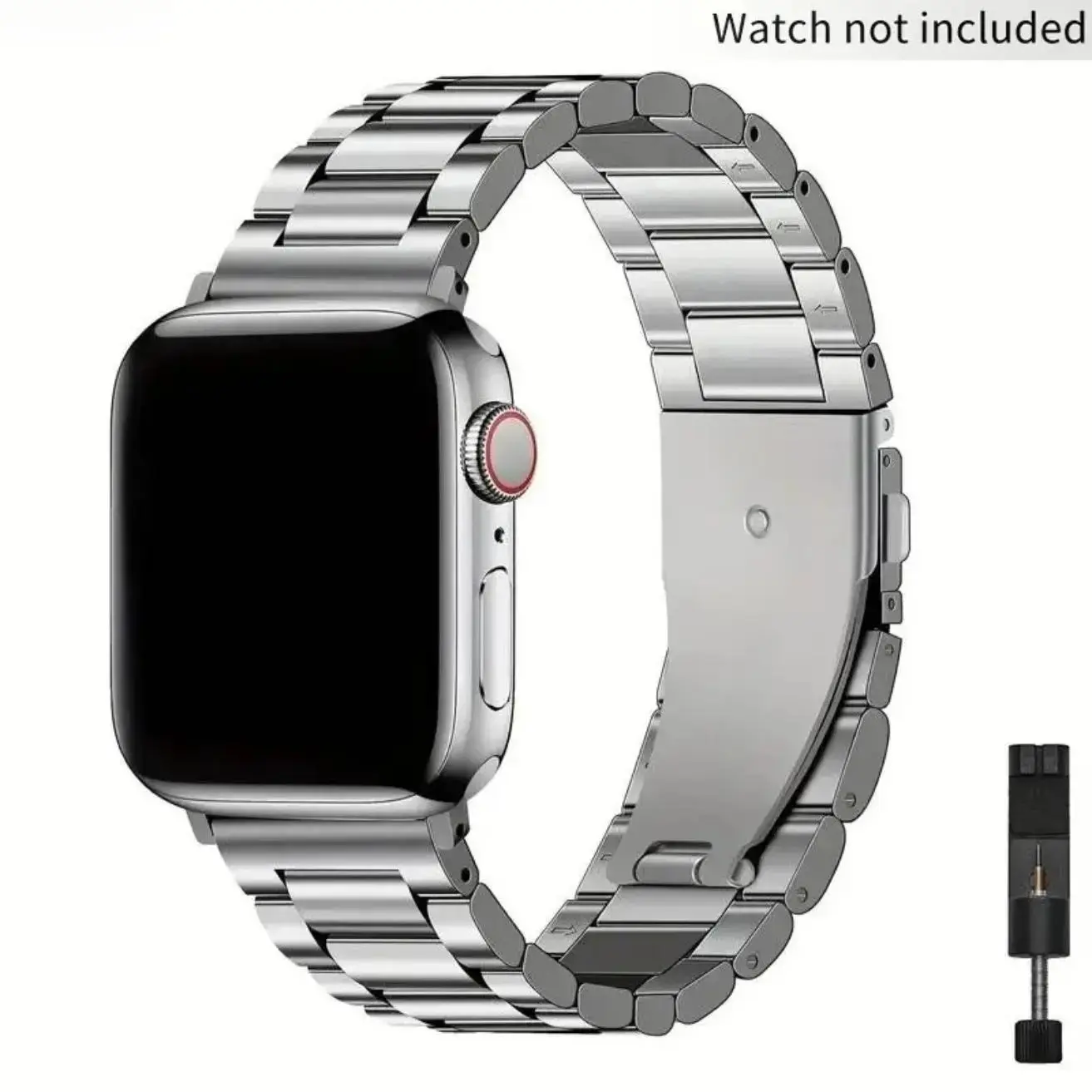 2026 TuckClasp Stainless Steel Watch Strap, Three-Bead Link Band With Folding Clasp, Adjustable Metal Replacement Wristband Comes With Install Tool, Sturdy Long-lasting Smartwatch Accessory For Daily Casual Wear, Only Watch Band Included