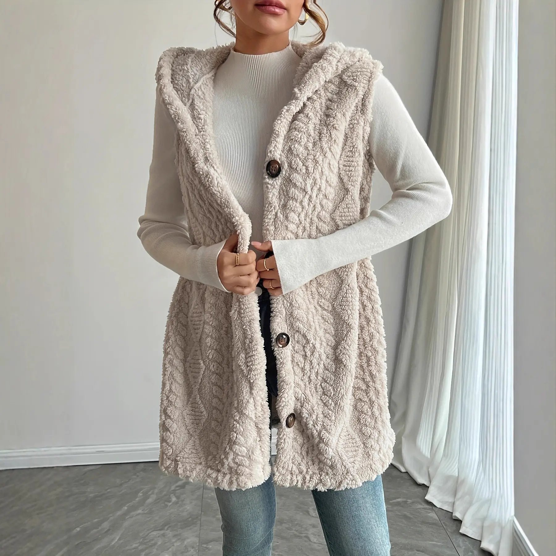 Women’s Hooded Sleeveless Plush Textured Vest, Longline Three Button Layering Waistcoat, Relaxed Fuzzy Outerwear for Fall Winter Casual Outfits, Daily Wear, Weekend, Travel, Office, Street Style and Holiday Looks