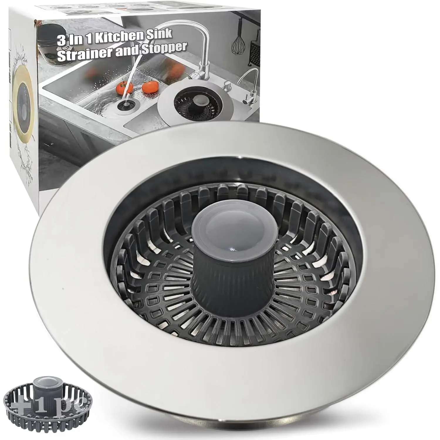 Kitchen Sink Drain Strainer, 3 in 1 Pop Up Kitchen Sink Stopper, with An Extra Basket Strainer,  for  Standard 3-1/2 Inch, Chrome