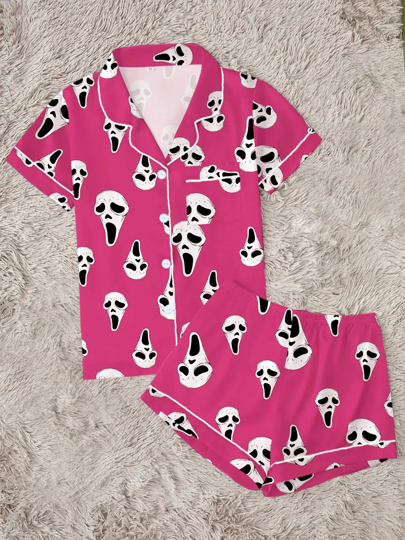 Women's Skull Print Pajama Set, Comfortable Two-Piece Sleepwear, Short Sleeve Button-Up Top and Elastic Shorts, Casual Home Wear, Party Gift