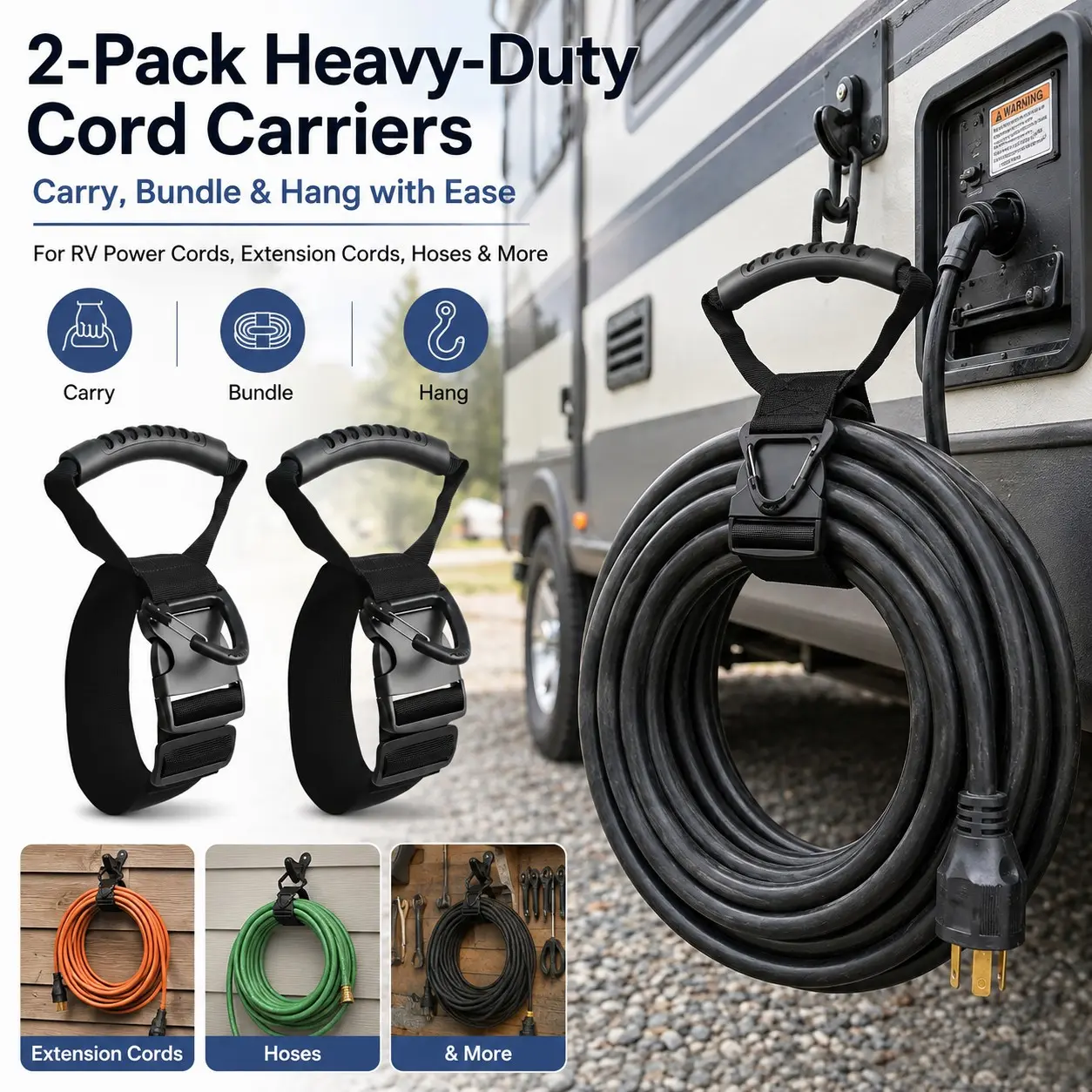 1 Pack 22 Inch Heavy Duty Nylon Hose Cord Organizer, Tough Utility Style, Adjustable,  Handle & Buckle, Movable Hook Strap, Garage Tool Garden Hose Storage, Halloween Decor Cord Tidying, Christmas Yard Organization