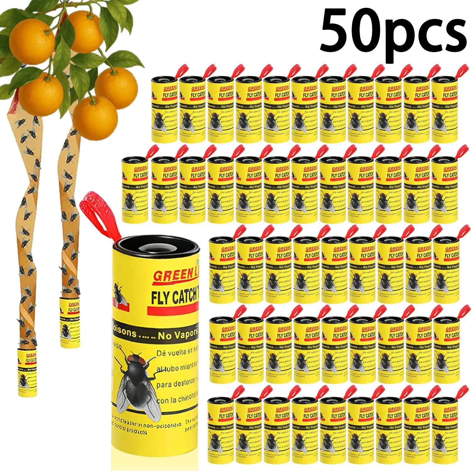 100pcs/50pcs Hanging Fly Trap, Fruit Fly Catcher Roll, Bug Sticky Traps, Mosquito Paper, Fly and Mosquito Trap, Ideal for Garden, Patio, Restaurant, Kitchen - No Power Needed