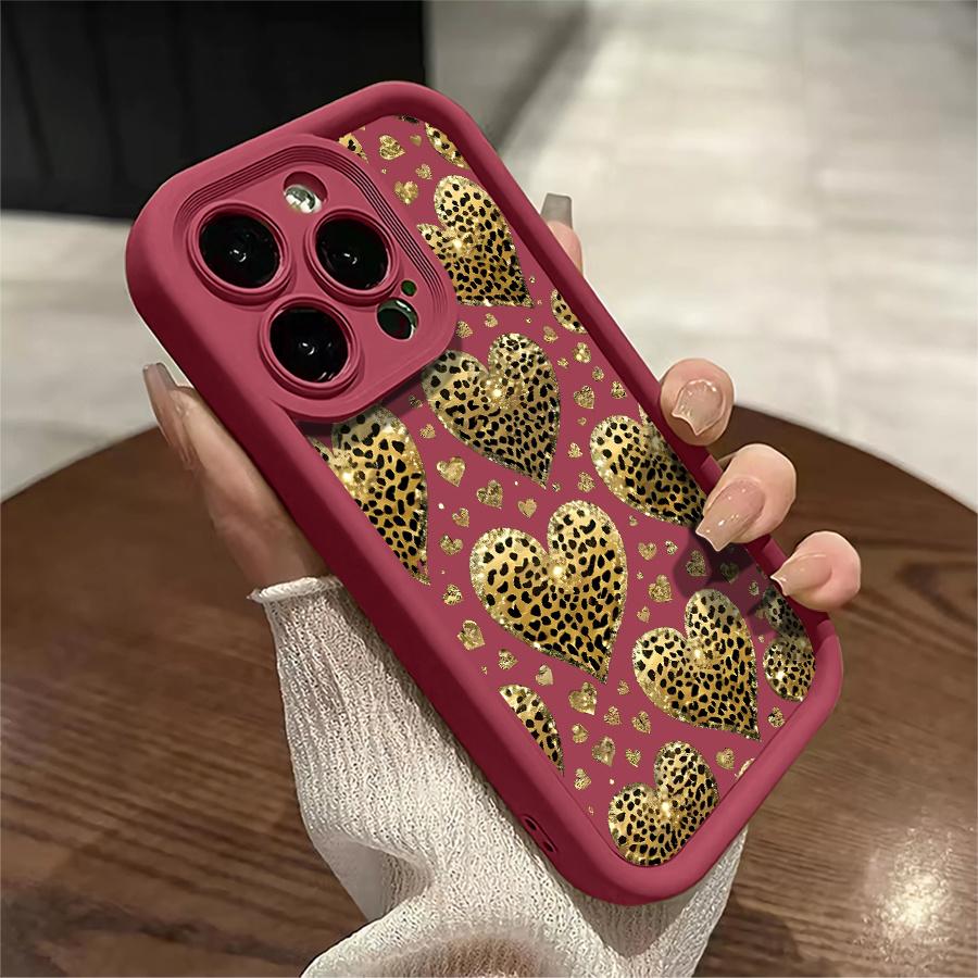 Phone Case - 1pc Leopard Print Golden Heart Phone Case Suitable for Apple iPhone 17 E Air Pro ProMax iPhone16 15 14 Plus 13 12 Mini 11 X XS XR Antidrop Shock Proof All Inclusive Lens Protection Light Luxury Style