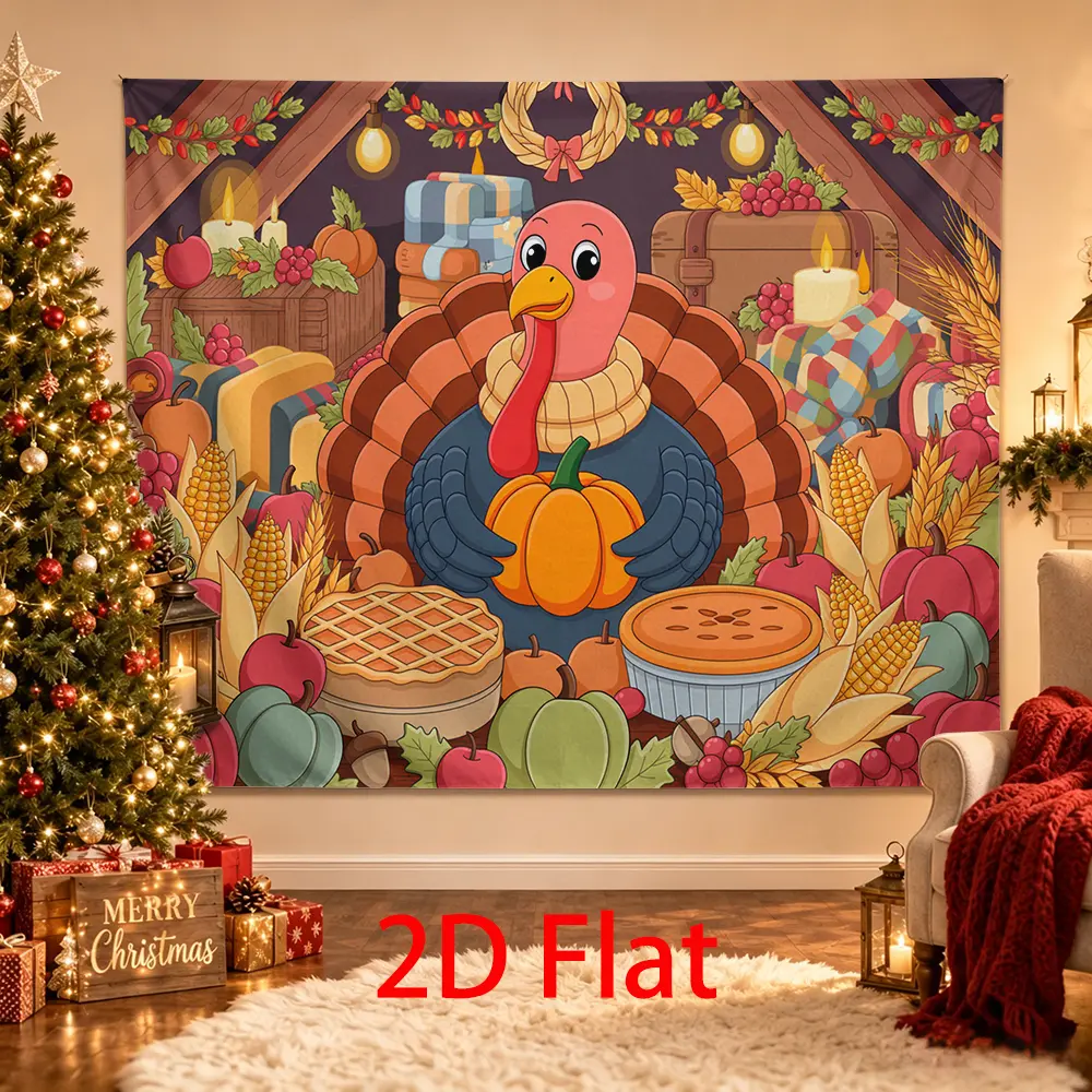 Cozy Thanksgiving Turkey Backdrop, Autumn Harvest Photography Background with Pumpkin, Pies, Corn, Apples, Wheat, Berries and Warm Lights