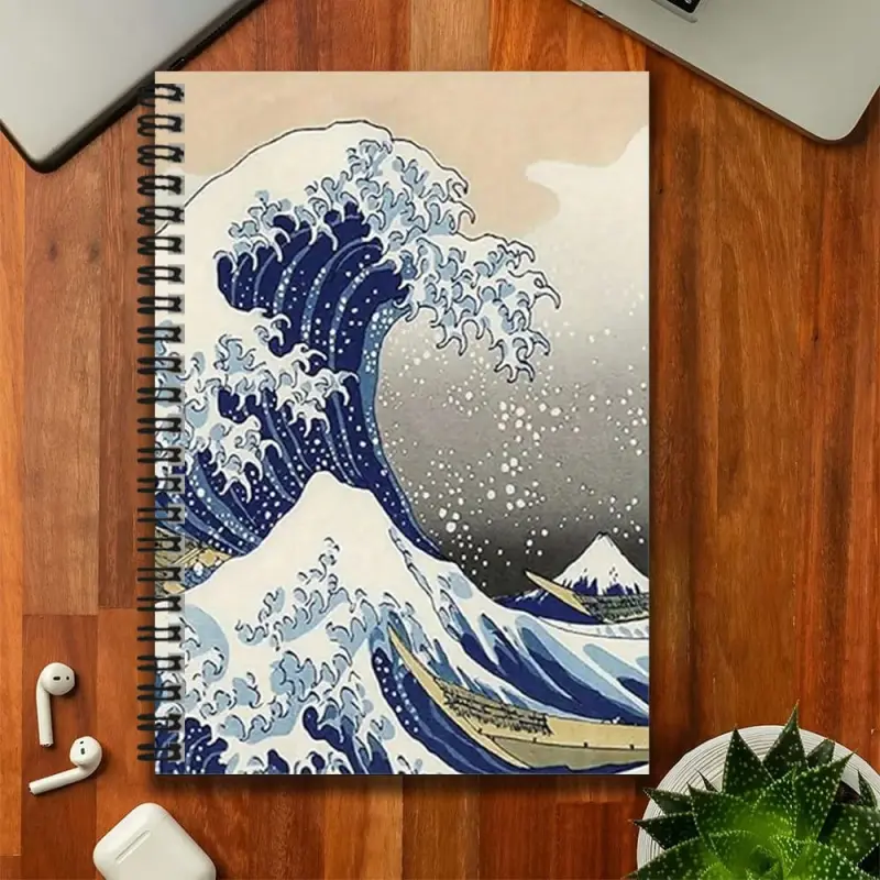 A spiral-bound notebook with a Japanese Ukiyo-e style "The Great Wave off Kanagawa" design, featuring a beautiful cover with a strong artistic flair. A great helper for work and study records, suitable for daily plans and diary notes. An excellent gift ch