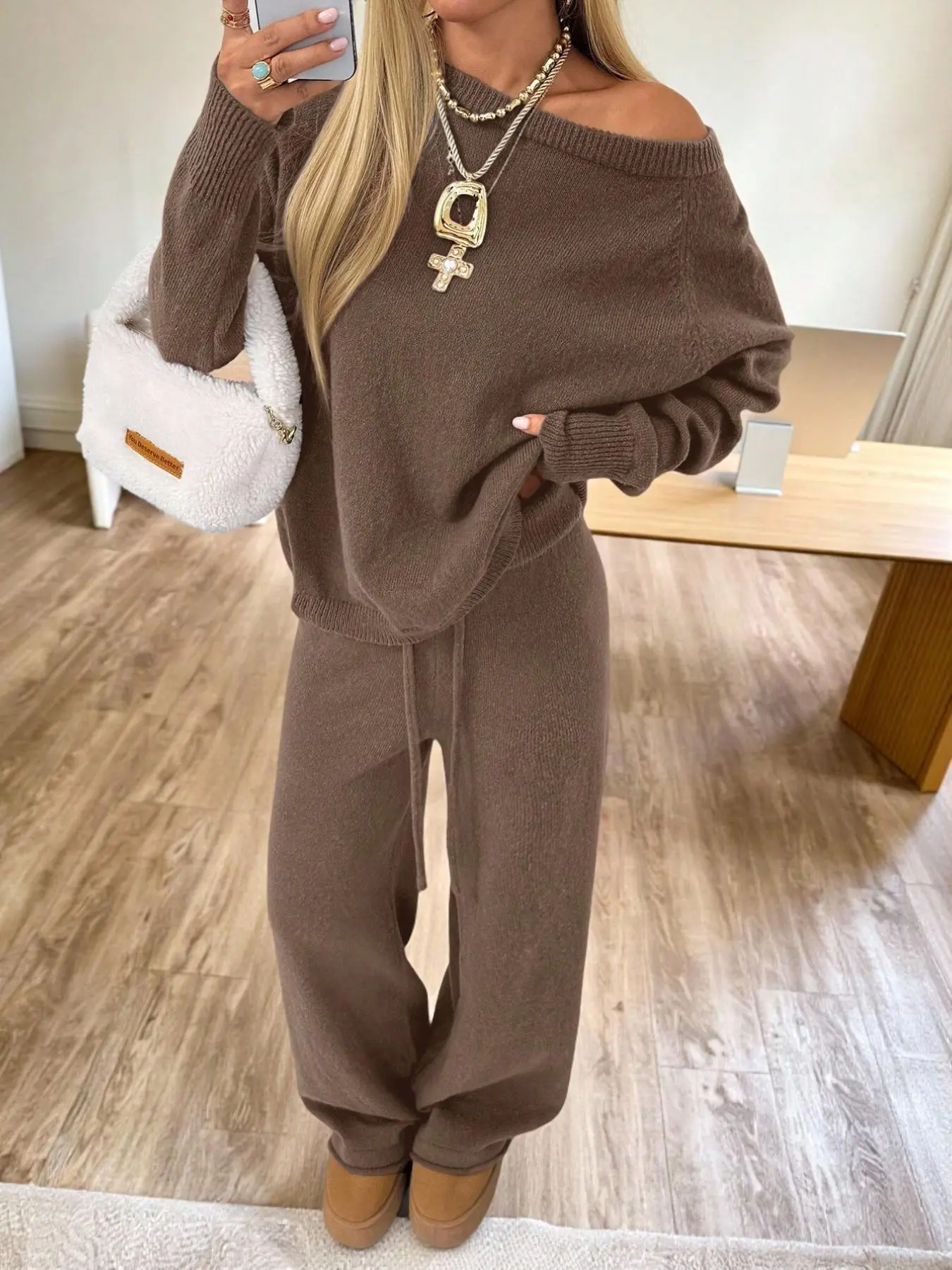 2-Piece Y2K Fashion Women's Set, Baggy Loose Fit Round Neck Knit Top and Pants, Long Sleeve Casual Wear for All Seasons