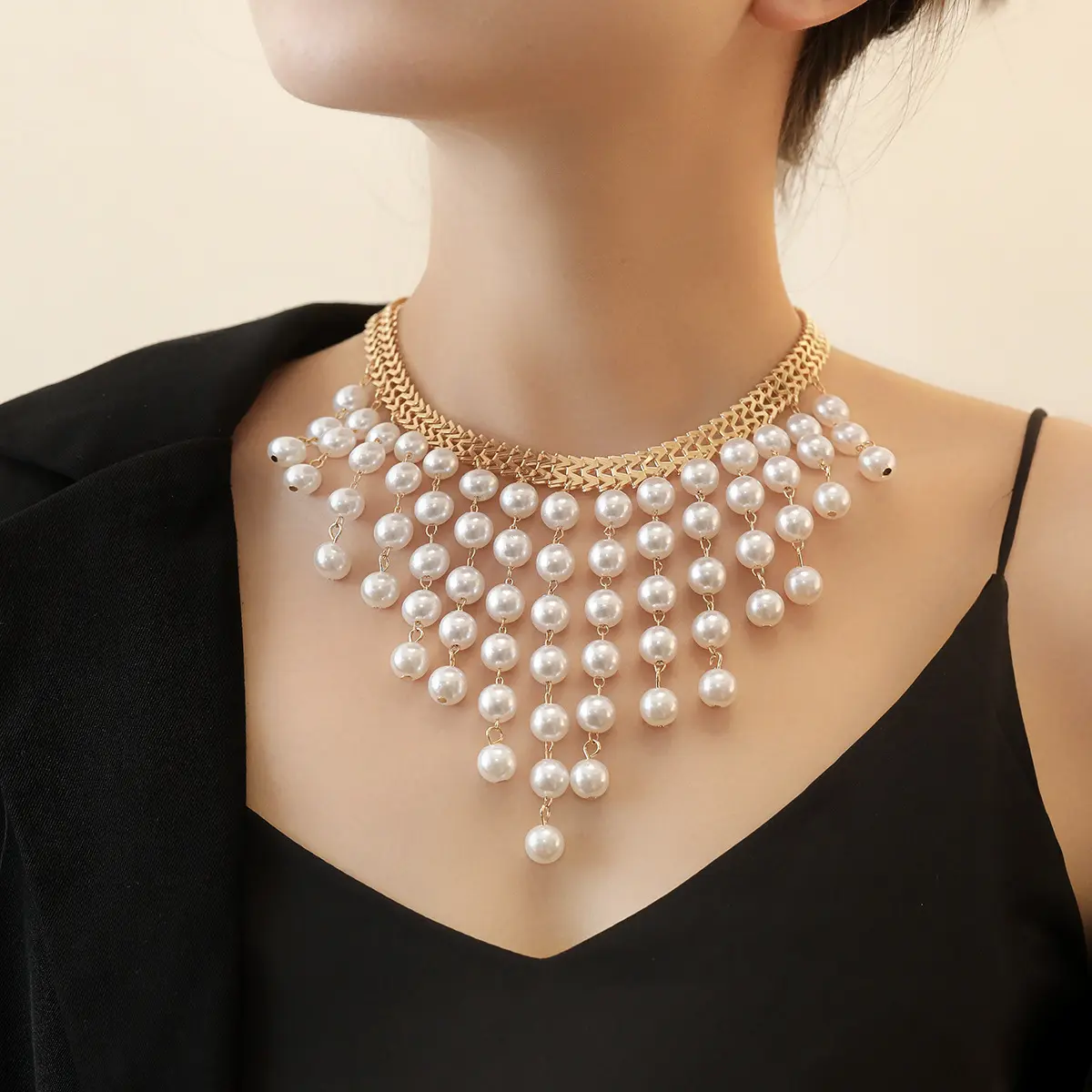 Women's Imitation Pearl Statement Bib Necklace - Multi-Layered Cascading Fringe Design, Formal Wear Costume Jewelry for Cocktail Party, Elegant Gift for Her