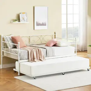 Twin Day Bed with Trundle Bed Twin, Metal Daybed with Trundle, Daybed with Trundle Bed Frame, Steel Slat Support Sofa Bed for Kids Teens Adults, No Box Spring Needed, Modern, White