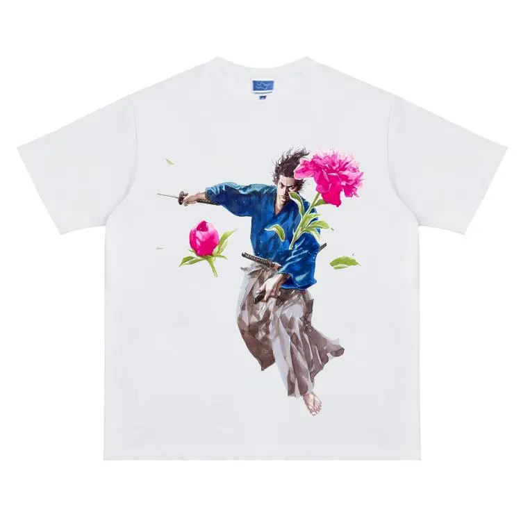 Vagabond "Slash the Flowers" Heavyweight Vintage Tee 100% Cotton OVERSIZED Anime T-shirt Menswear Top Tshirt Streetwear Casual Round Neck White Crewneck Tropical Operator Shortsleeve Fathersdaygift