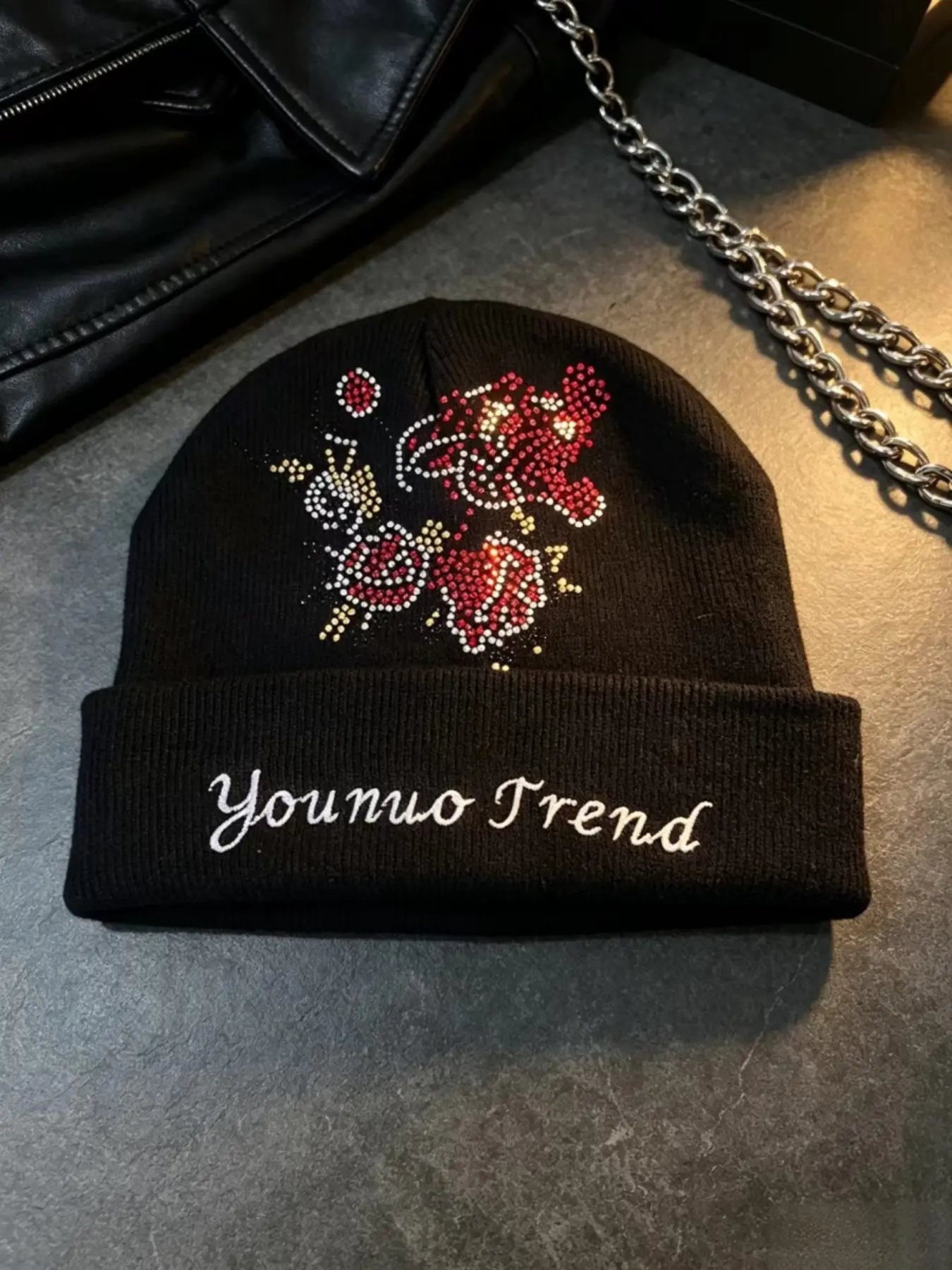 Unisex Dark Gothic Knit Hat, Heart Skull Rose Rhinestone Design, Fall Winter Streetwear Cap, Trendy Turn-Up Cold Weather Hat
