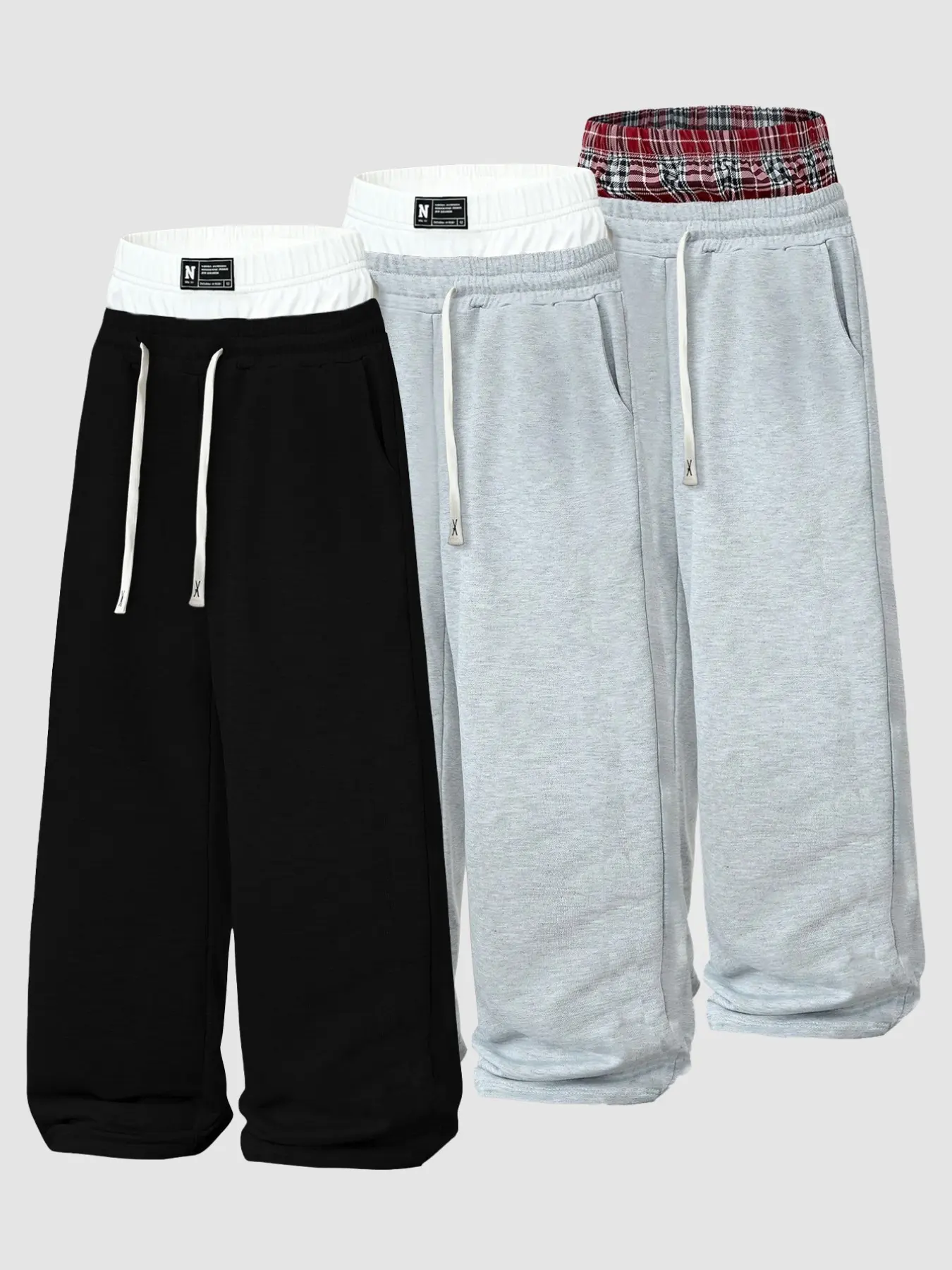 Men Fake Double Layer Contrast Waist Wide Straight Sweatpants, Breathable Sweatpants, Plaid Spliced Drawstring Elastic High Waist Air Permeable Wrinkle Resistant Baggy Street Joggers With Side Pockets For School Daily Commute Street Spring Autumn