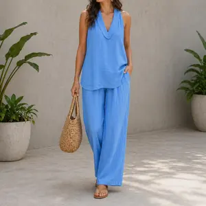 Two Piece Set - Perfect for Beach, Vacation & Brunch! Sleeveless Top Wide Leg Pants Set matching casual womens