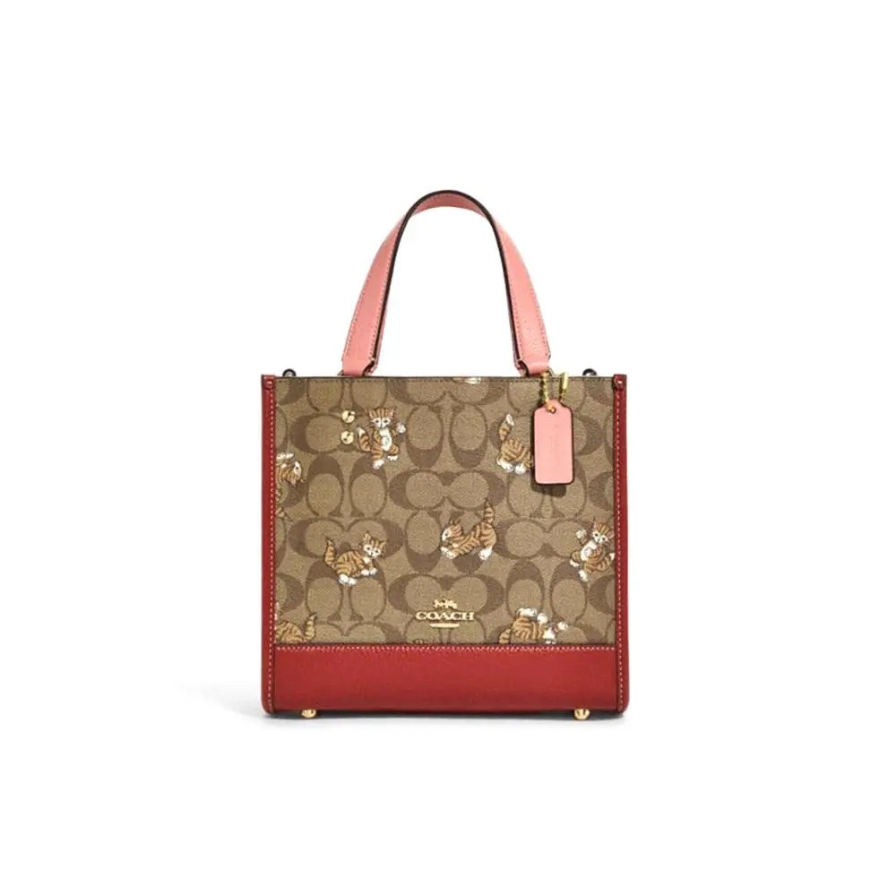 COACH Dempsey 22 Tote Bag for Women – Playful Cat Badge, Canvas and Leather, Monogram Khaki