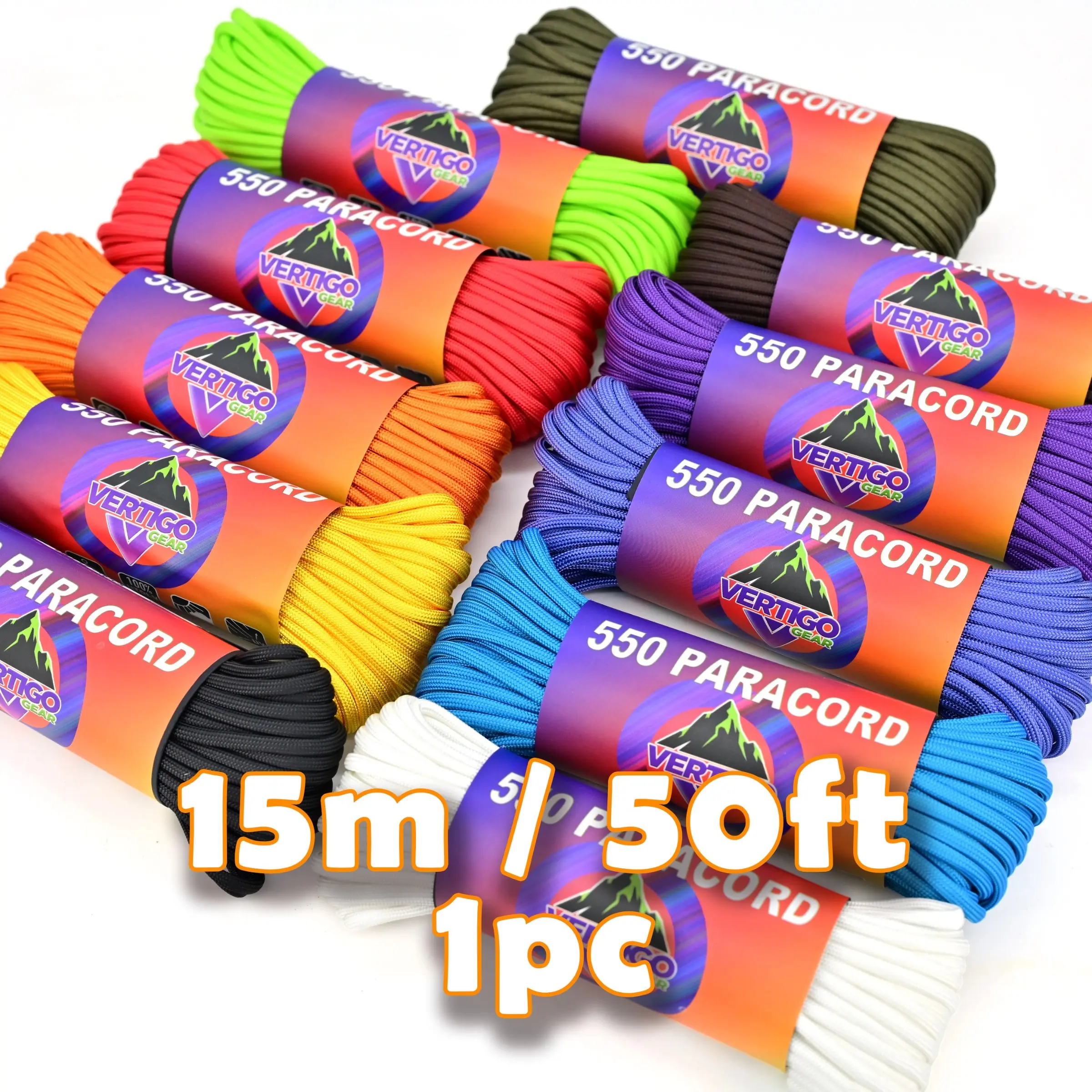 Paracord 550: 15m/50ft Tactical Parachute Line, Polyester Cord, 4mm Diameter, 550lb/250kg Strength, 11 Colors, Survival & Camping Gear, Striped Parachute Line