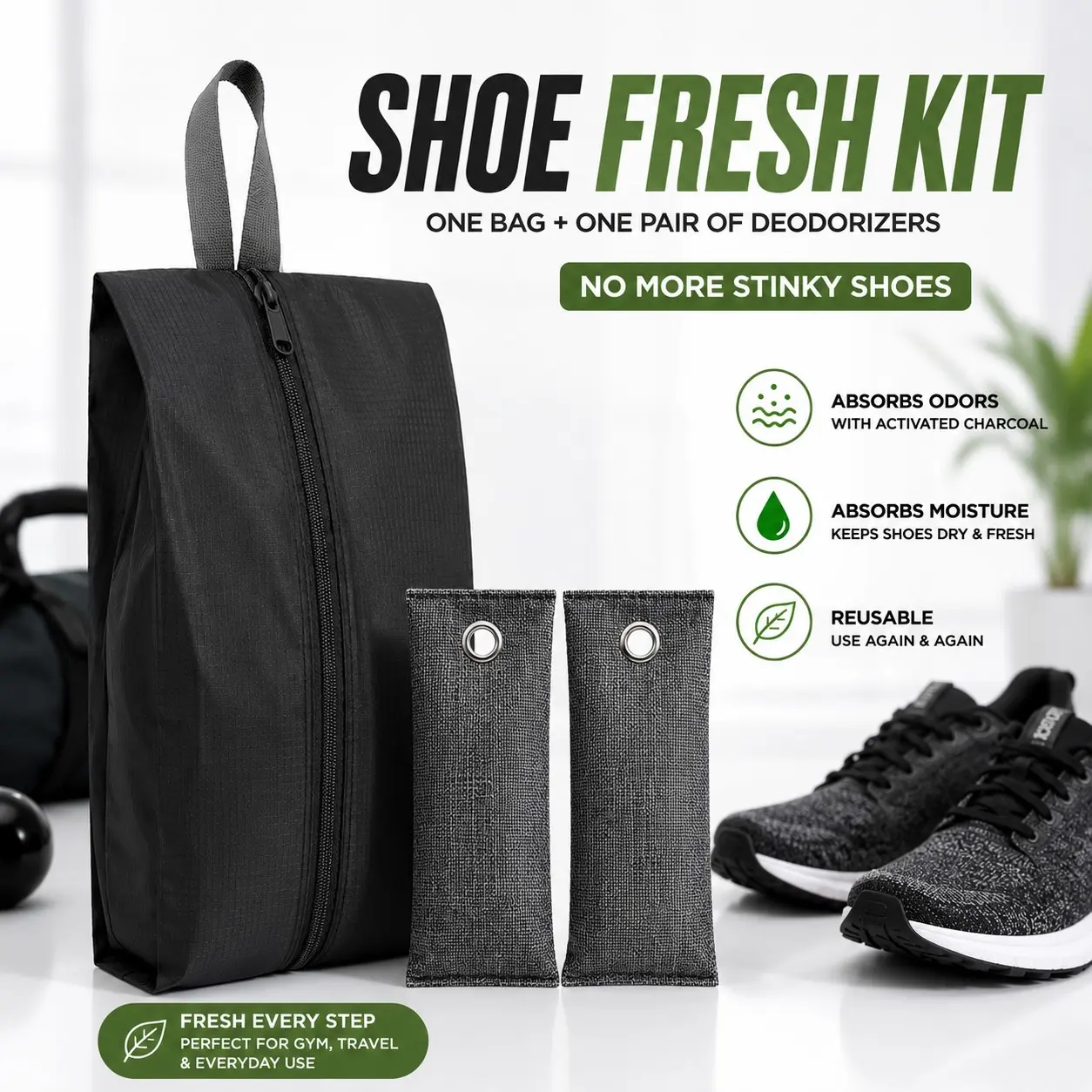 Gym Shoe Bag with Charcoal Deodorizer Pack, Odor Control Storage Bag for Sneakers, Running Shoes & Sports Gear, Keep Your Footwear Fresh