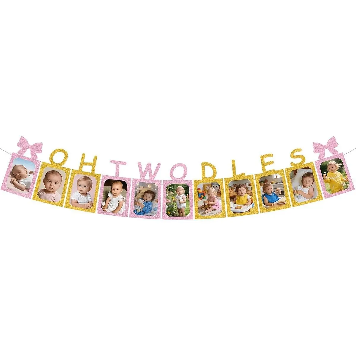 Twin Baby Photo Banner Set, Gold Glitter Theme Cartoon Design, 2nd Birthday Decoration Frame, Perfect for Party Celebrations