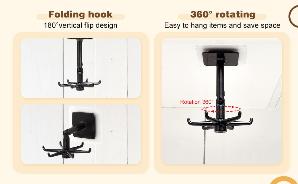 4 Pieces 360 Rotating Folding Hook Multi-purpose Hanging Utensil Holder Hook 180 Degrees Vertical Flip Self-Adhesive Hook Utensil Rack with 6 Hooks for Kitchen Bathroom Cabinet Towel (Black, White)