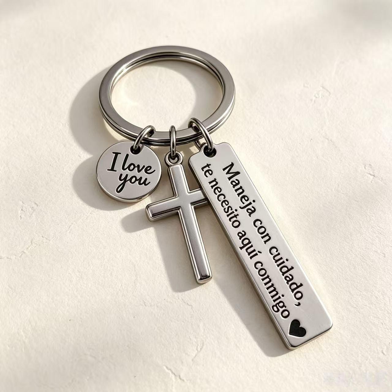 Maneja Con Cuidado Te Necesito Aquí Conmigo Keychain with Cross & "I Love You" Charm, Spanish Drive Safe Stainless Steel Keyring, Romantic Religious Gift for Him/Her Adjustable Heart Rate Couples Bracelet Set Rotating Retractable Reading Badge Holder Maneja Con Cuidado Te Necesito Aquí Conmigo Keychain with Cross & "I Love You" Charm, Spanish Drive Safe Stainless Steel Keyring, Romantic Religious Gift for Him/Her Adjustable Heart Rate Couples Bracelet Set Rotating Retractable Reading Badge Holder