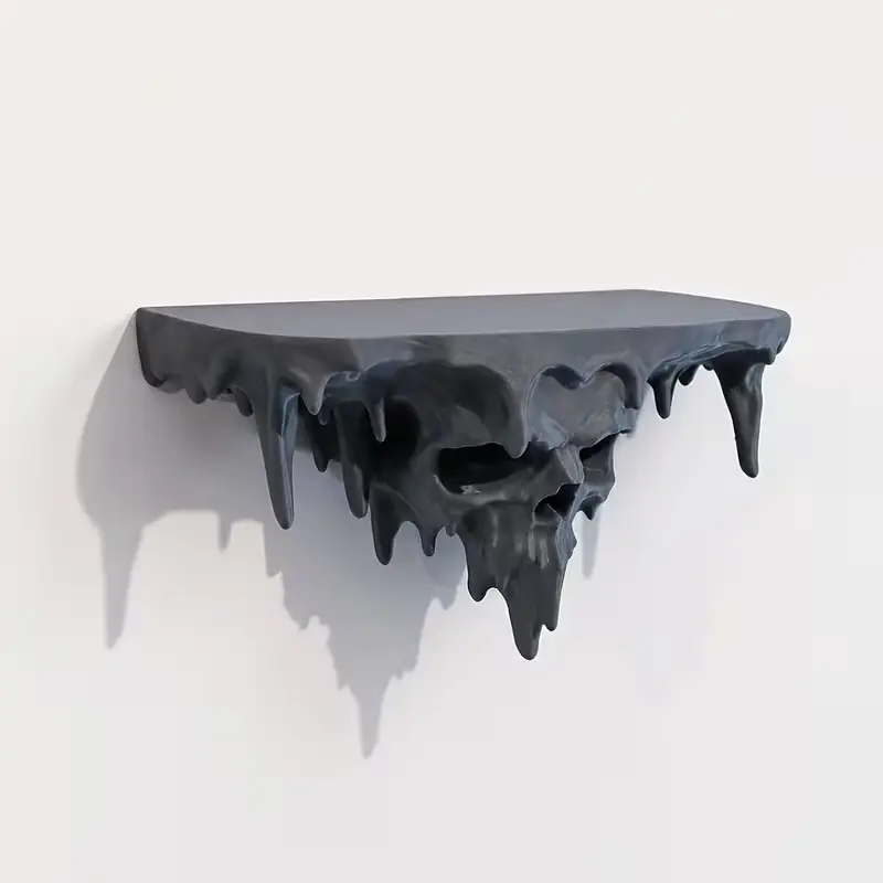 3D Printed Black Melting Skull Wall Shelf, Cool Unique Floating Storage Wall Rack