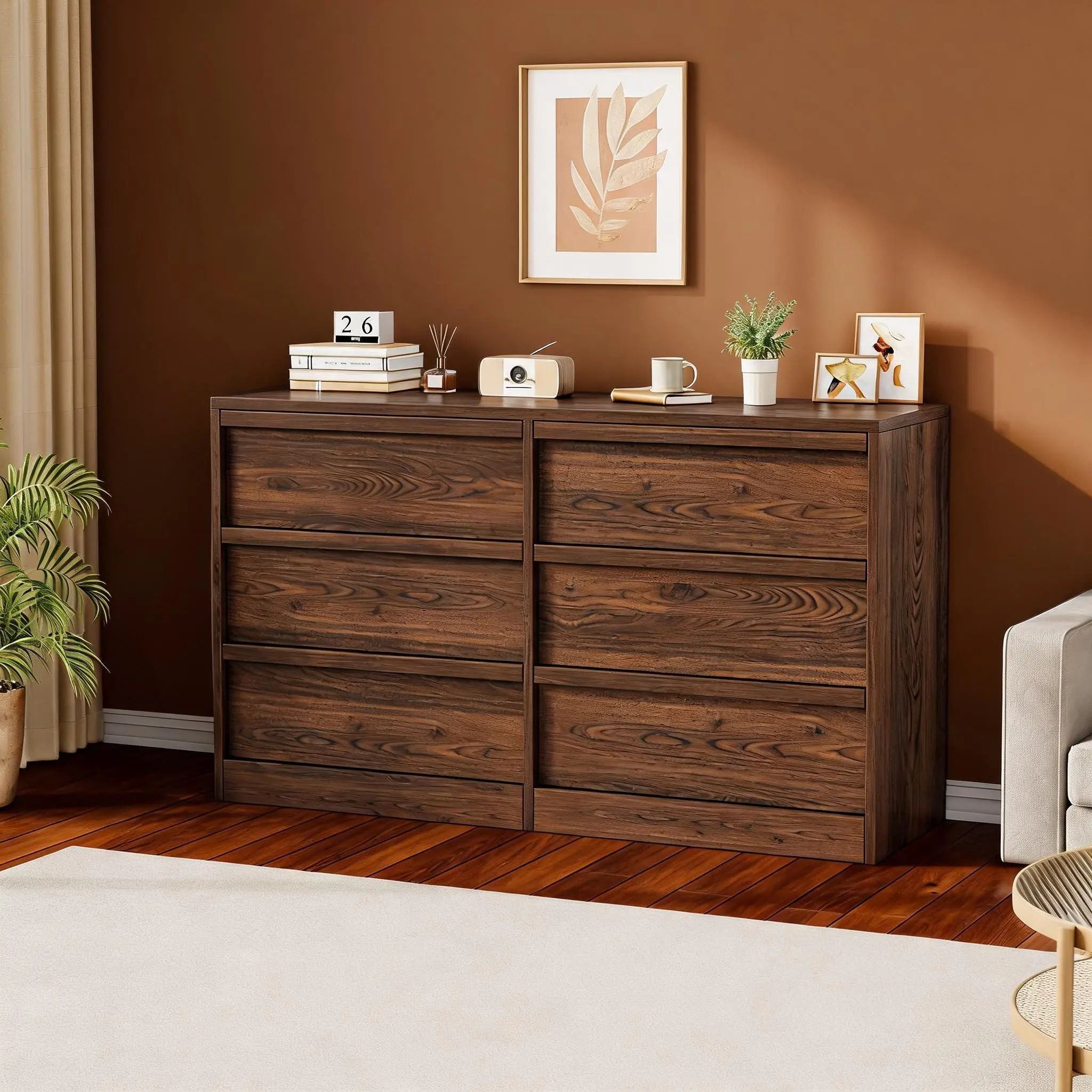 46.7" Wide Rectangular 6-Drawer Wooden Dresser - Single Unit Storage Organizer, Horizontal Chest for Bedroom, Walnut Sideboard & TV Stand for Living Room