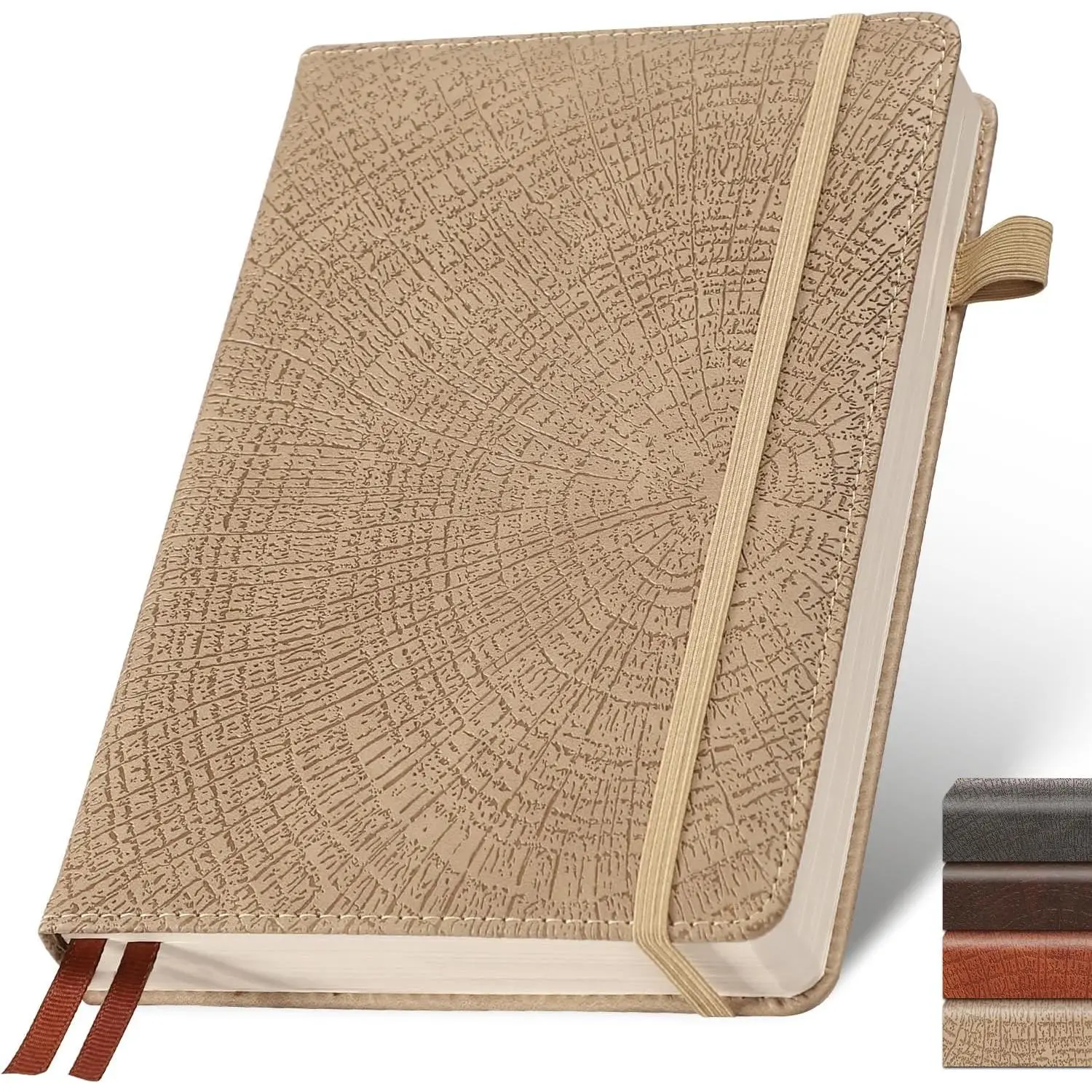 Lined Journal Notebook,256 Pages,A5 Size (5.7'' x 8.3''), Tree Growth Ring Leather Hardcover Journal,100 GSM Thick Paper,for Daily,Work,School,Note Taking(Khaki)